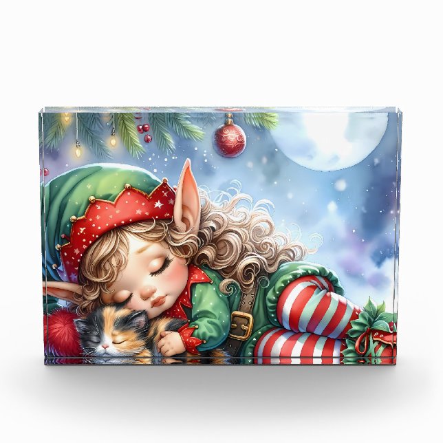Schlafender Weihnachtself mit Calico-Kätzchen Fotoblock (Vorderseite)