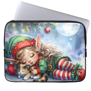 Schlafender Weihnachtself mit Calico-Kätzchen Laptopschutzhülle