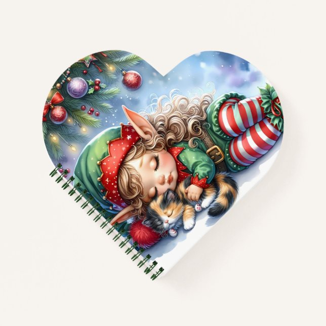 Schlafender Weihnachtself mit Calico-Kätzchen Notizbuch (Vorderseite)