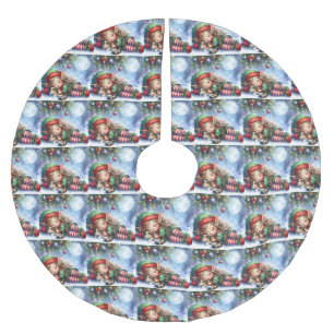 Schlafender Weihnachtself mit Calico-Kätzchen Polyester Weihnachtsbaumdecke