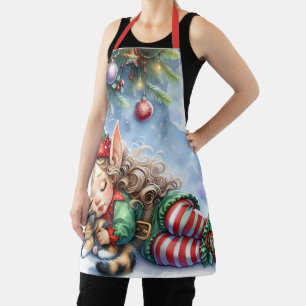 Schlafender Weihnachtself mit Calico-Kätzchen Schürze