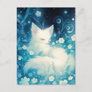 Schlafender Weißer Fuchs im blauen Mitternachtsgar Postkarte