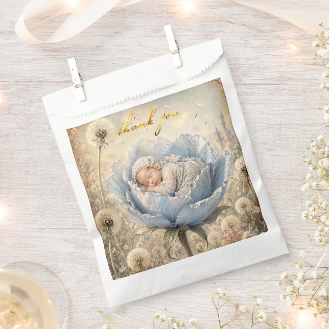 Schlafendes Baby, blaue Blume, Danke Geschenktütchen (Ausgeschnitten)