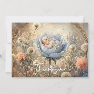 Schlafendes Baby blaue Blumen Löwenzahn Dankeskarte