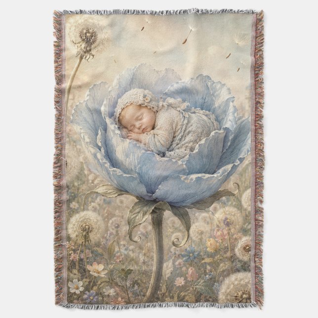 Schlafendes Baby in blauer Blume  Decke (Vorderseite Vertikal)