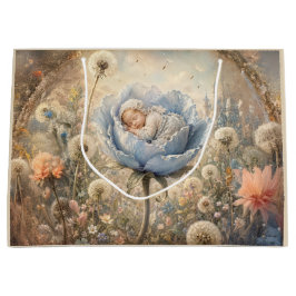 Schlafendes Baby in blauer Blume mit Löwenzahn Große Geschenktüte