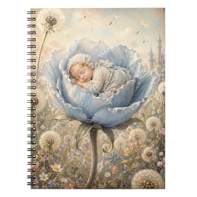 Schlafendes Baby in blauer Blume  Notizblock (Vorderseite)