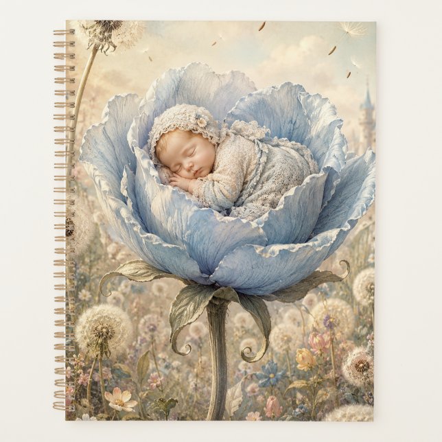 Schlafendes Baby in blauer Blume  Planer (Vorderseite)