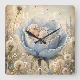 Schlafendes Baby in blauer Blume  Quadratische Wanduhr