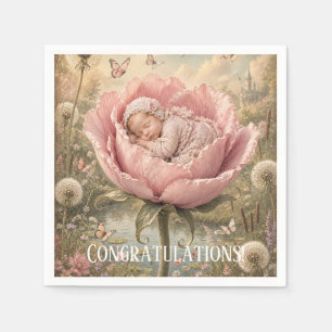 Schlafendes Baby in rosa Blume Herzlichen Glückwun Serviette