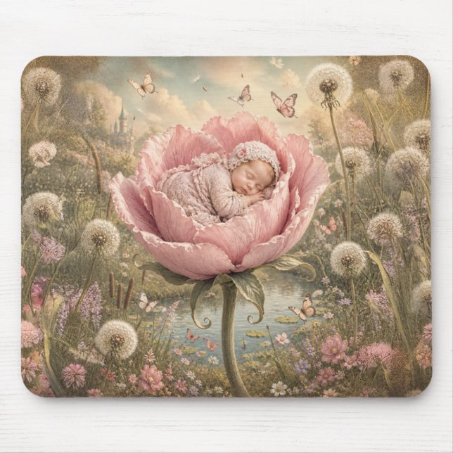 Schlafendes Baby in rosa Blume  Mousepad (Vorne)