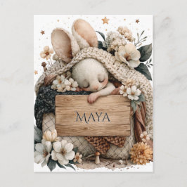 Schlafendes Babykaninchen mit gestrickter Decke un Postkarte