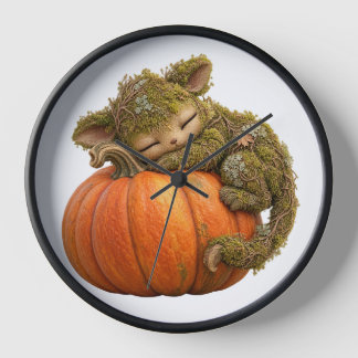 Schlafendes Fantasie-Wesen umarmt Kürbis-Wanduhr Uhr