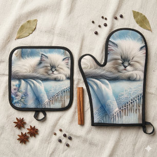 Schlafendes Kätzchen Blau Cottagecore Traum Ofenhandschuh & Topflappen-Set