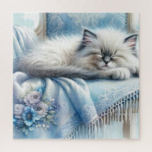 Schlafendes Kätzchen Blau Cottagecore Traum Puzzle