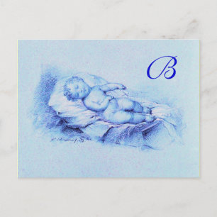 SCHLAFENDES KIND, BLAUE  BABYPARTY  MONOGRAMM EINLADUNGSPOSTKARTE