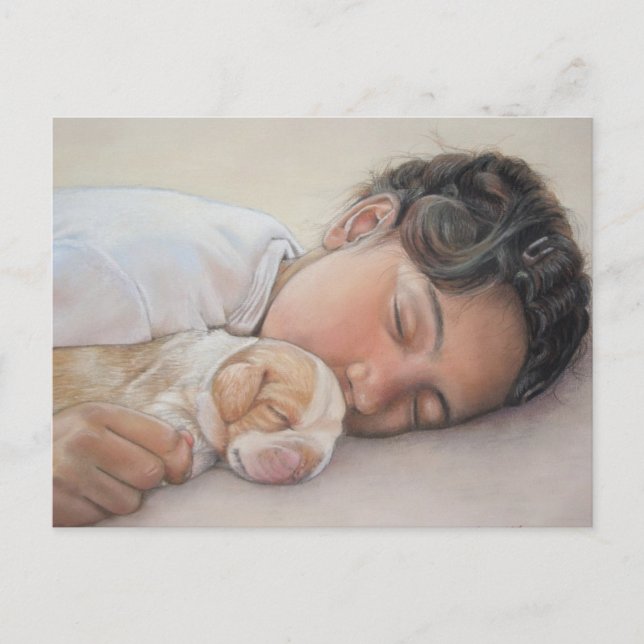 schlafendes Kind, das niedliche Beagle-Welpe würfe Postkarte (Vorderseite)