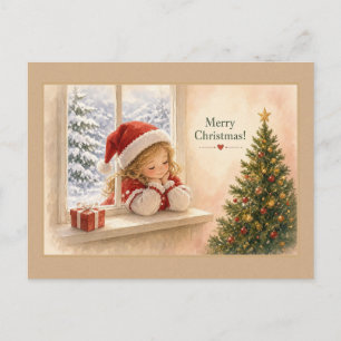 Schlafendes Kind in Santa-Mütze am Fenster Postkar Postkarte