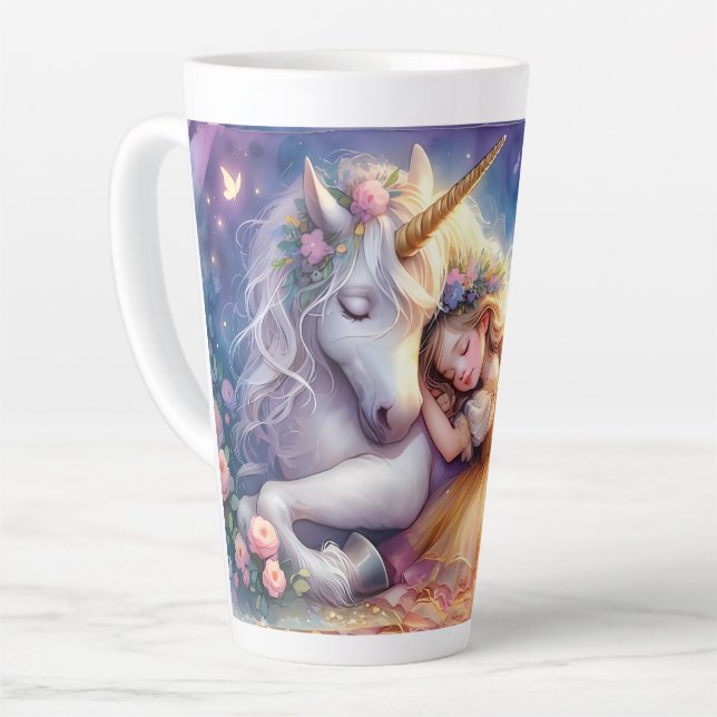 Schlafendes Mädchen Einhorn Traumlandschaft Milchtasse (Linke Ecke)