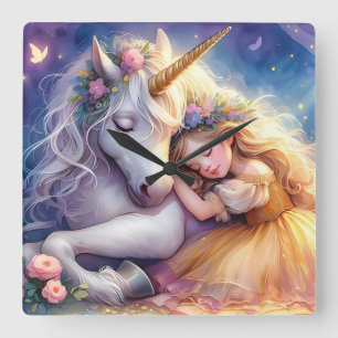 Schlafendes Mädchen Einhorn Traumlandschaft Quadratische Wanduhr