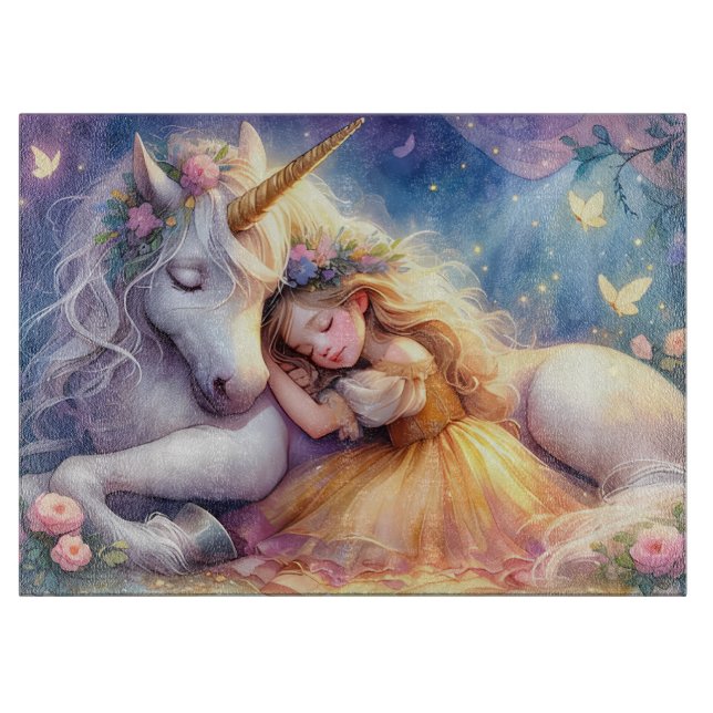Schlafendes Mädchen Einhorn Traumlandschaft Schneidebrett (Vorderseite)