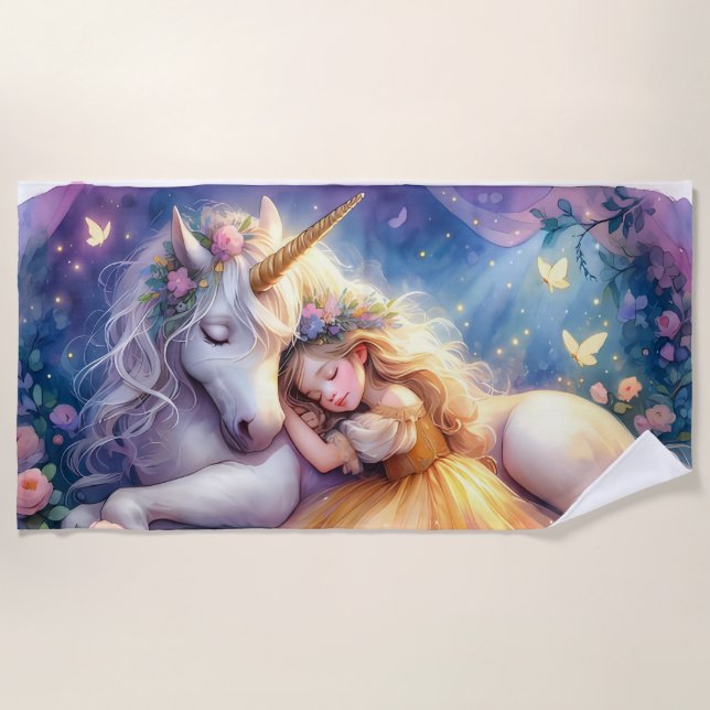 Schlafendes Mädchen Einhorn Traumlandschaft Strandtuch (Vorderseite)