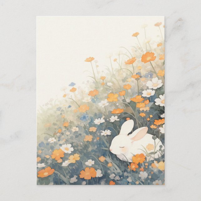 Schlafendes Weißes Kaninchen auf orangener Wiese Postkarte (Vorderseite)