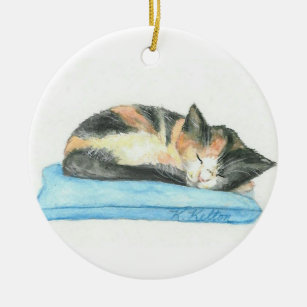 Schlafenkaliko-Kätzchen-Weihnachtsverzierung Keramik Ornament