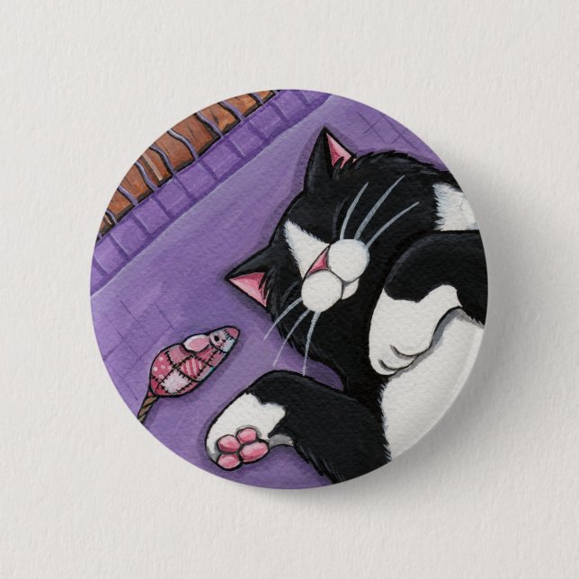 Schlafenschwarze Katze und Spielzeug-Maus - Button (Vorderseite)