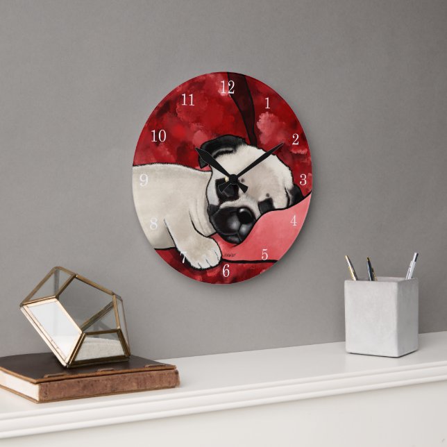 Schläfer-Mops-Welpe Große Wanduhr (Büro)