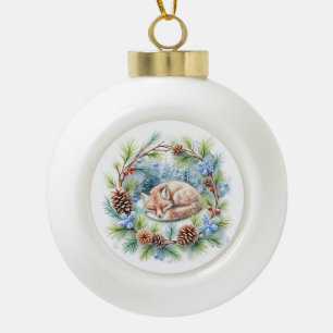 Schlaffox im Winterkranz Keramik Kugel-Ornament