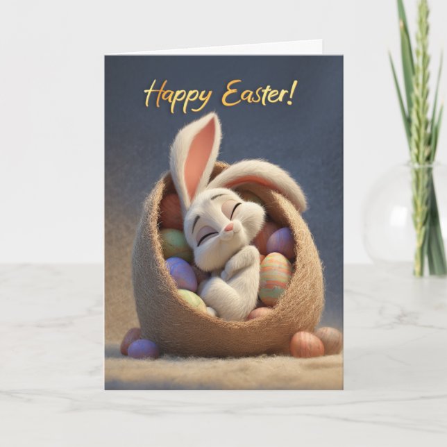 Schlafhasen im Osterkörbchen Frohe Ostern Karte (Vorderseite)