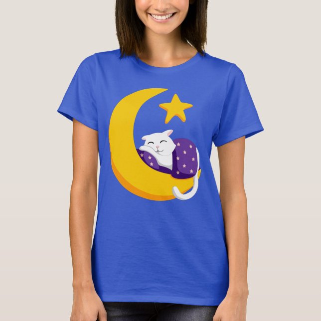 Schlafkatze auf Crescent Moon Star T-Shirt (Vorderseite)