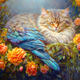 Schlafkatze mit Blauen Federn Nistend in Rose Puzzle