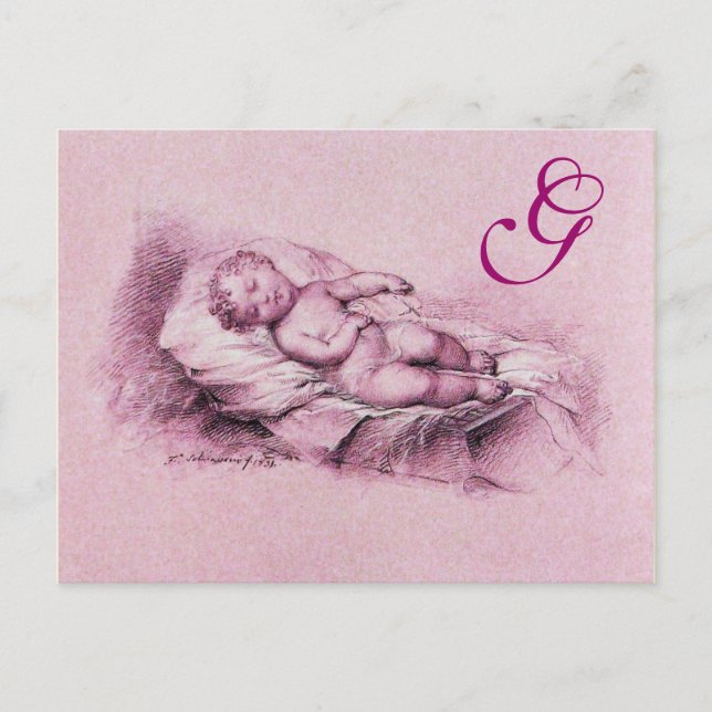 SCHLAFKIND, PINK BABY SHOWER MONOGRAM EINLADUNGSPOSTKARTE (Vorderseite)