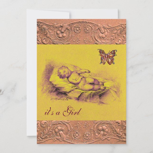 SCHLAFKIND, SCHALTFLÄCHE, GELBE PINK-BABY-DUSCHE EINLADUNG (Vorderseite)