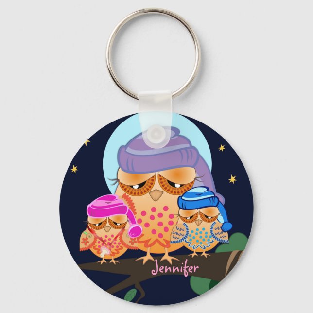 Schlaflose Eule-Familie mit Individuelle Name Schlüsselanhänger (Vorderseite)