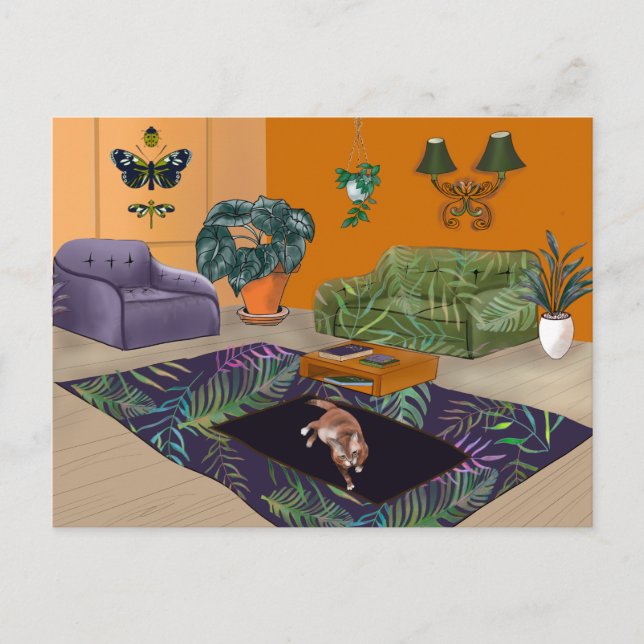 Schlaflose, fette Katze im matten gelben Zimmer Postkarte (Vorderseite)