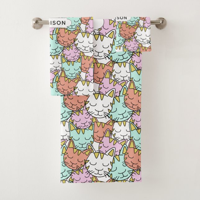 Schlaflose Katzen Muster individuelle Name Handtuc Badhandtuch Set (Insitu)