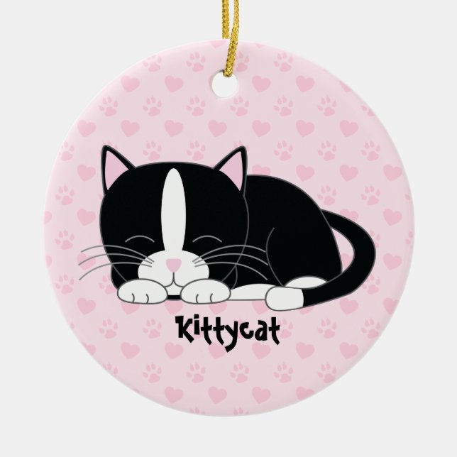 Schlaflose Kitty {Tuxedo Cat} Benutzerdefinierte O Keramikornament (Vorne)
