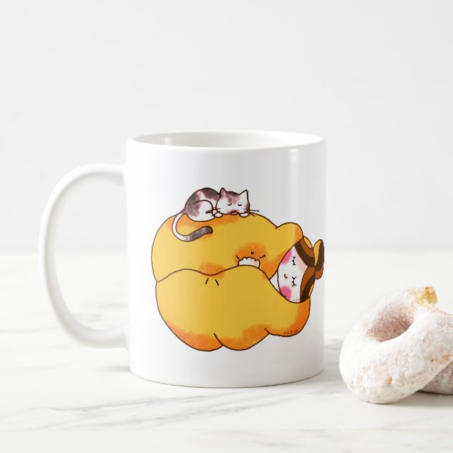 Schlafmädchen mit gemütlicher Katze Kaffeetasse (Mit Donut)