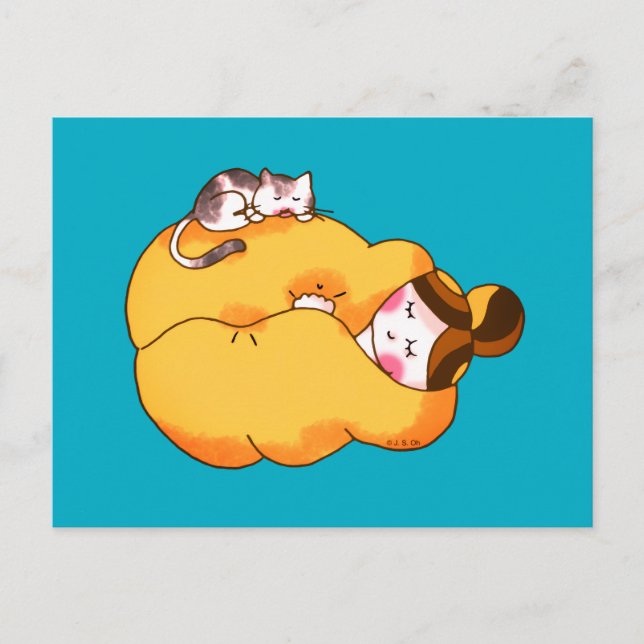 Schlafmädchen mit gemütlicher Katze Postkarte (Vorderseite)