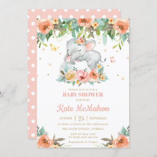 Schlafmittel Elefant Pfirsich Pink Floral Baby Dus Einladung