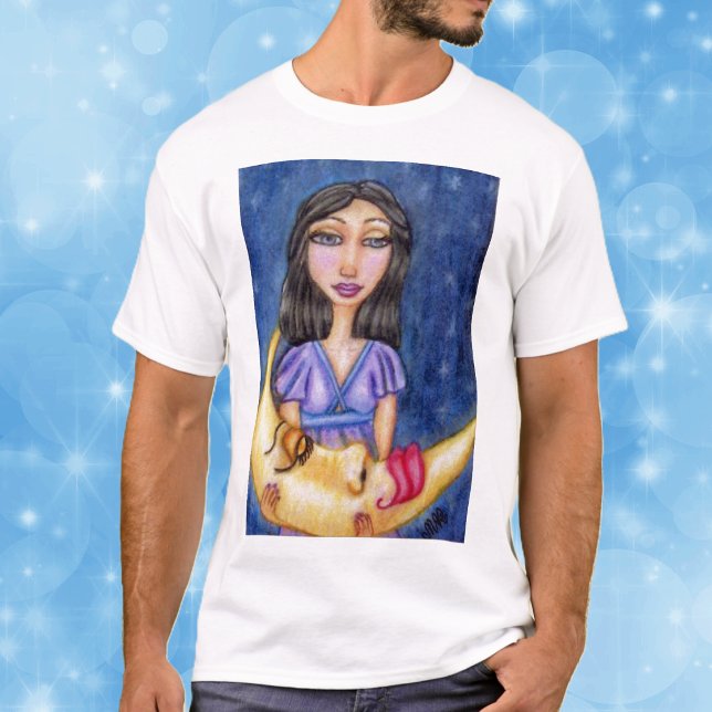Schlafmond Night Shirt (Women in purple dress night sky stars holding sleeping yellow crescent moon on tee shirt.)