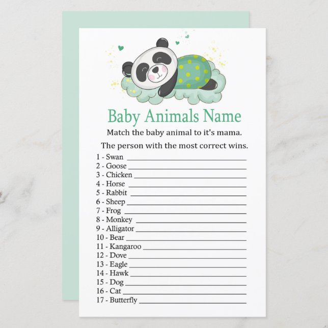 Schlafpanda Baby Tiere Name Spiel (Vorne/Hinten)