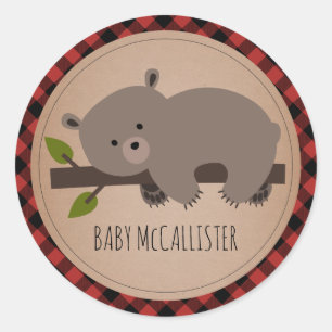 Schläfrige karierte Baby-Dusche Baby-Bärenjungen Runder Aufkleber