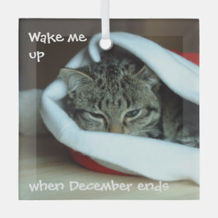 Schläfrige Katze in Weihnachtsmannmütze Ornament Aus Glas