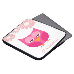 Schläfrige rosa Eule und Blumen personalisiert Laptopschutzhülle