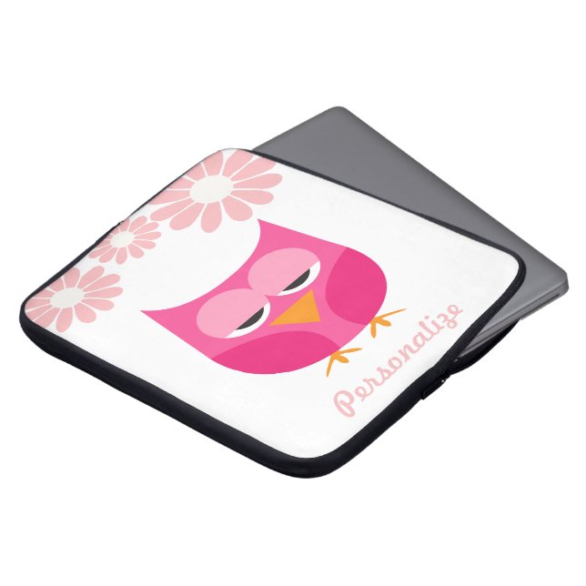 Schläfrige rosa Eule und Blumen personalisiert Laptopschutzhülle (Vorne Oben)