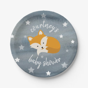 Schläfriger Fox spielt Aquarell-Babyparty die Pappteller